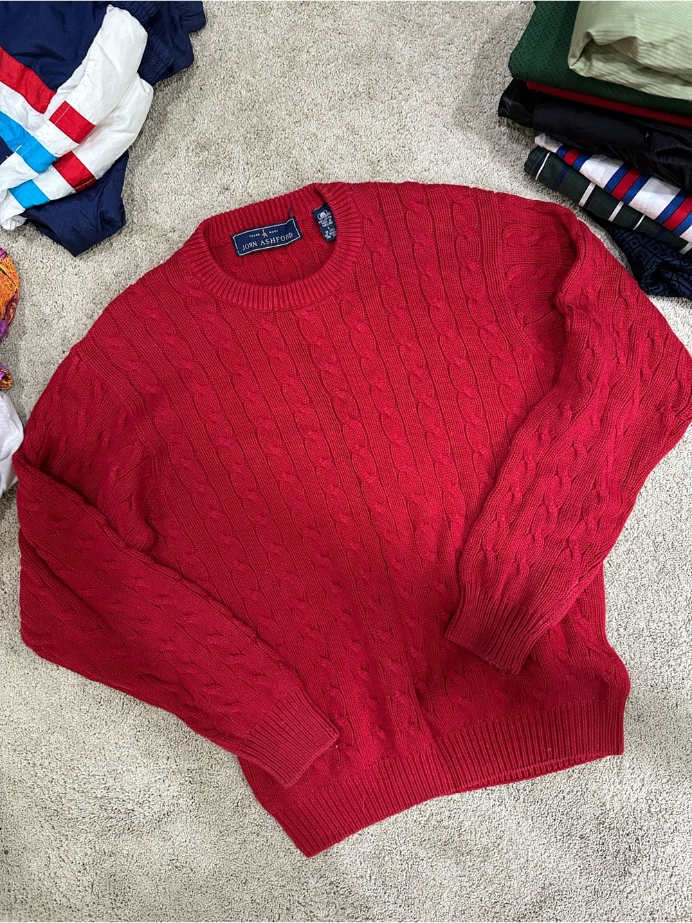 John Ashford Men’s Cable-Knit Crewneck Sweater in Red